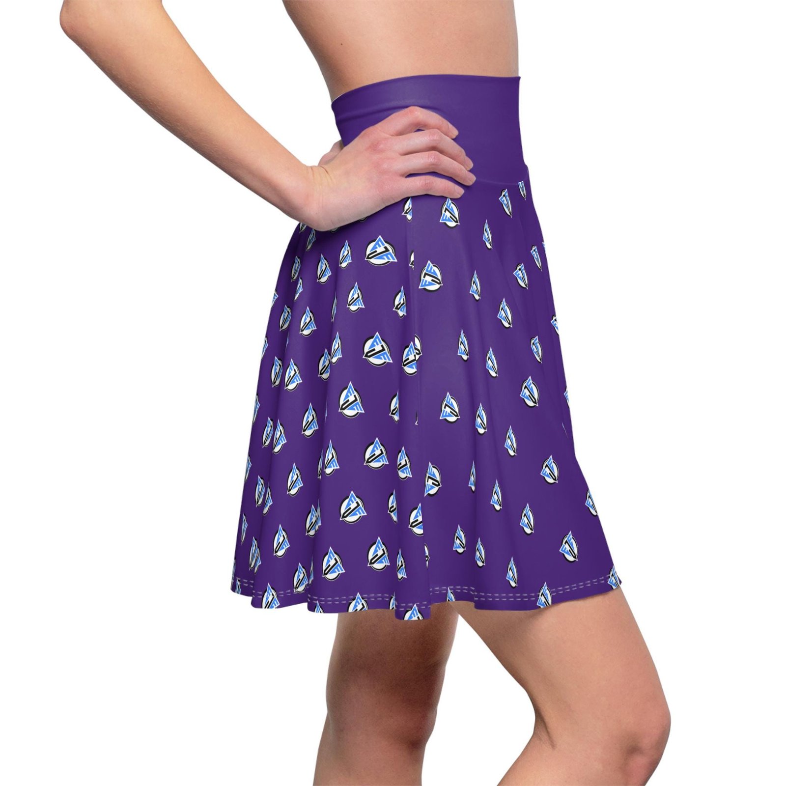 Purple Skater Skirt with Logo, Women's A-Line Mini Skirt, Casual Stretchy Skirt, Elastic Waistband, Above the Knee Length, Fun Patterned